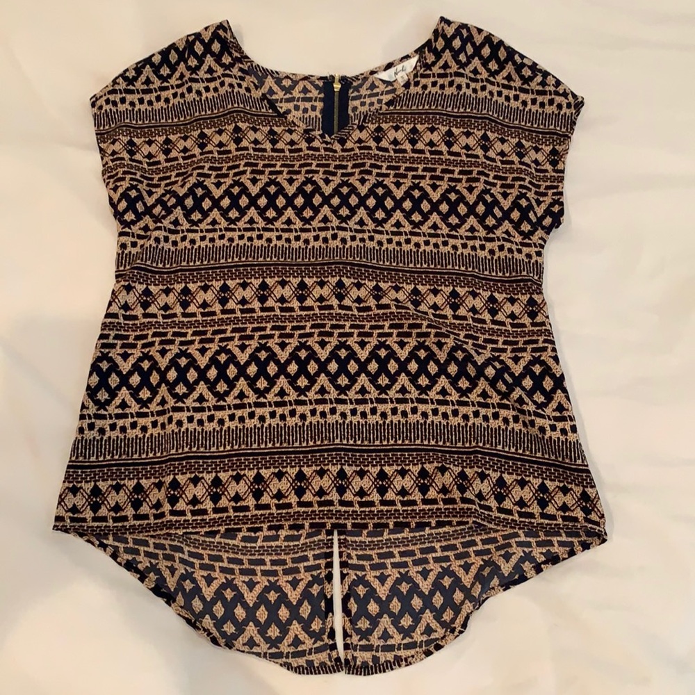 Navy and tan polyester blouse